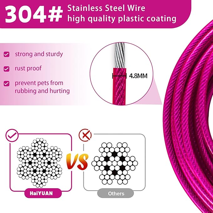 Dog Tie Out Cable 10/15/20/25/30 FT Runner for Yard Steel Wire Cable with Durable Superior Clips Pink Chains for Outside Dog Lead for Large Up to 165 Lbs-PawvioPets
