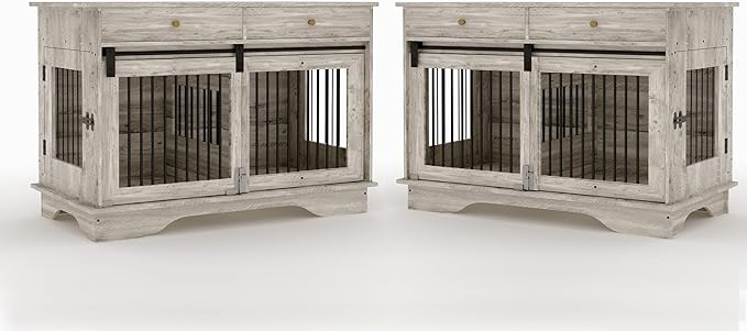 Dog Furniture Crate, 47" Large Dog Crate Furniture w/ 2 Storage Draws & Removable Divider for Large/Medium/Small Dogs (Grey, Double Cage)-PawvioPets