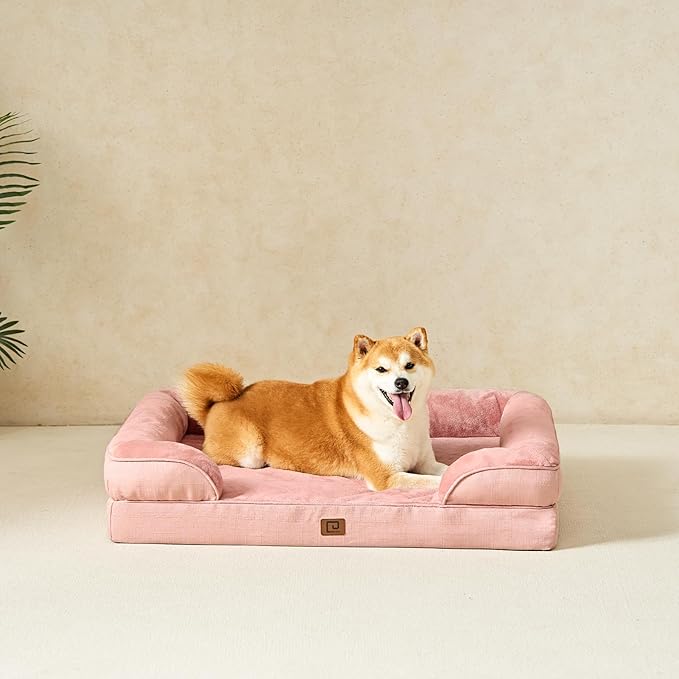 EHEYCIGA Orthopedic Dog Beds for Large Dogs, Waterproof Memory Foam Large Dog Bed with Sides, Non-Slip Bottom and Egg-Crate Foam Pet Couch Bed with Washable Removable Cover, Dusty Pink-PawvioPets