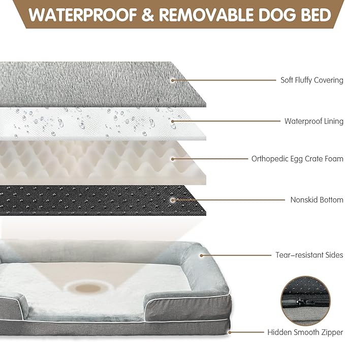 Dog Beds for Large Sized Dogs,Washable Orthopedic Memory Foam Dog Couch Sofa Bed with Bolster,Removable Cover,42x30Inch,Grey-PawvioPets