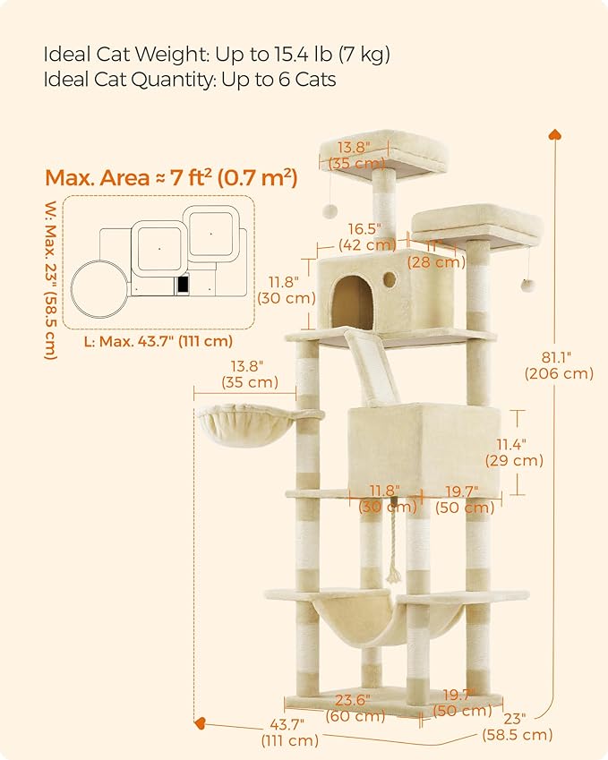 Feandrea Cat Tree, 81.1-Inch Large Cat Tower with 13 Scratching Posts, 2 Perches, 2 Caves, Basket, Hammock, Pompoms, Multi-Level Plush Cat Condo for Indoor Cats, Beige UPCT190M01-PawvioPets