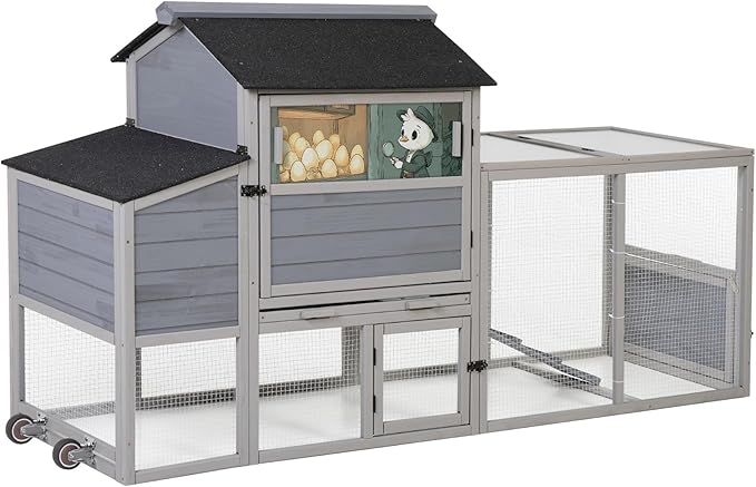 COZIWOW 82" Large Wooden Chicken Coop, Outdoor Rabbit Hutch with Wheels, Sunshine Board, Asphalt Roof, Ramp, Openable Top, Door, Window, Pull-Out Tray, Indoor Bunny Cage (Gray with Pattern)-PawvioPets
