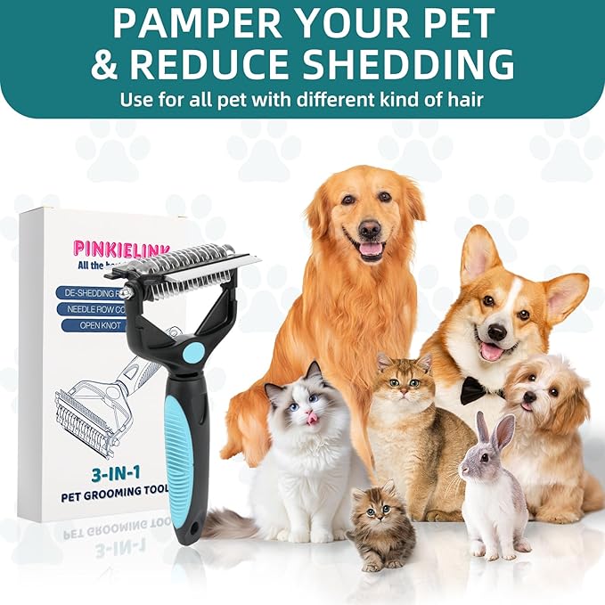 3-IN-1 Pet Grooming Tool - Undercoat Rake, Dematting Comb & Deshedding Brush for Cats & Dogs - Removes Mats, Tangles & Loose Fur, Reduces Shedding & Prevents Hair Mess (Blue)-PawvioPets