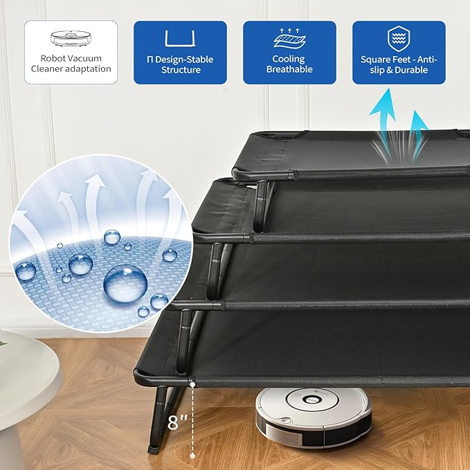 Cooling Elevated Dog Bed, Raised Outdoor Dog Bed Waterproof Pet Beds Cots Stable and Easy Assembly, Teslin Fabric with 1.2mm Thick Iron Frame, Breathable, Ultra-Sturdy，Black, 42 * 28 * 7.9-PawvioPets