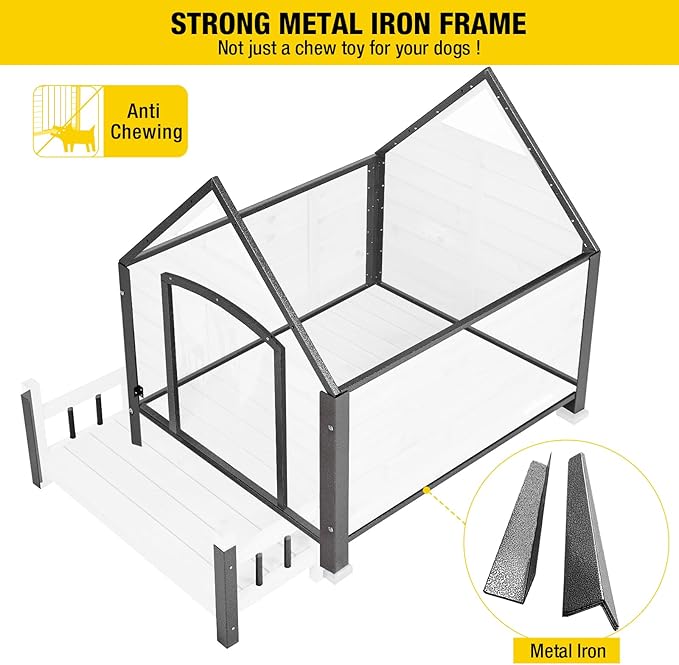 Aivituvin Dog House Outdoor with Metal Frame, Dog Kennel Outside for Small to Medium Breed, 45" Weatherproof Large Dog Shelter with Anti-Chewing Iron Frame, White (45" D x 32.9" W x 32.6" H)-PawvioPets