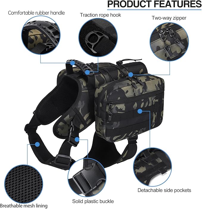 BYGD Dog Saddle Backpack for Hiking, Lightweight Waterproof Harness with Removable Bags for Large Dogs, Outdoors (Camo)-PawvioPets