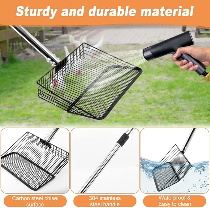 10inch Chicken Poop Scooper, Chicken Coop Scoop for Poop, 4 Sections Extended with 22 to 77inch Stainless Steel Adjustable Handle, Litter Scooper Sifting Shovel-PawvioPets