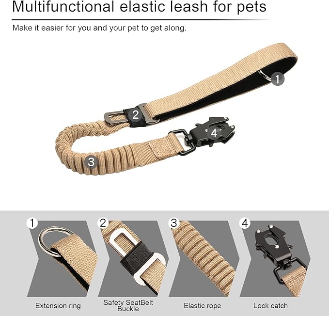 20” Strong Short Leash for Dog, Heavy Duty Bungee Dogs Leash with Padded Handle Car Seatbelt, Small Dog Training Leashs for Large or Medium Dogs - Can be Used with Other leashes (Khaki)-PawvioPets