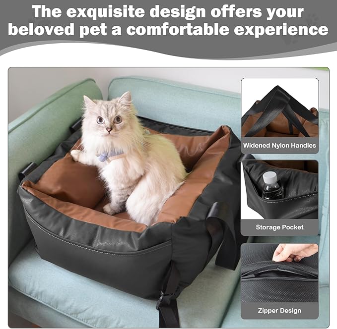 Dog Car Seat for Small Dogs, Large Leather Dog Car Bed with Storage Pocket, Waterproof PVC Leather Booster Seat Travel Bed for Front & Back Seat, Clip-On Safety Leash (Black/Brown)-PawvioPets