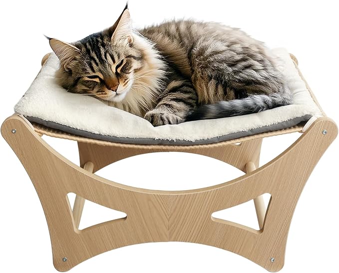 Cat Hammock Bed, Wooden Elevated Cat Beds with Natural Sisal Scratching Mat, Cats Scratcher Bed with Removable Soft Cushion, Cats Scratching Beds with Wood Frames, 22" L x 17.7" W-PawvioPets