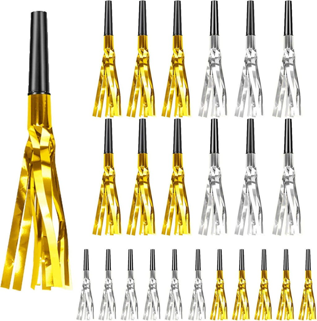 Party Blowers, 24 PCS New Years Noise Makers, Gold Silver Glitter Metallic Fringed Party Blowouts, Blow Horns Whistles for Kids Birthday Graduations Christmas Weddings Family Sporting Events Supplies