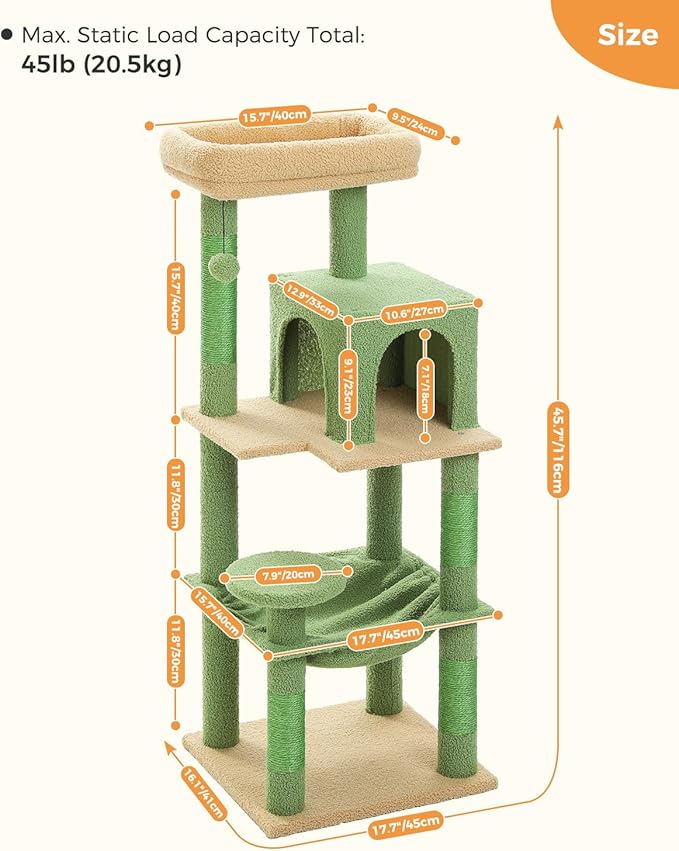Cactus Cat Tree for Indoor Cats, 45.7" Multi-Level Cat Tower with Large Metal Frame Hammock, Cat Condo with 4 Scratching Posts and Top Perch, Green-PawvioPets