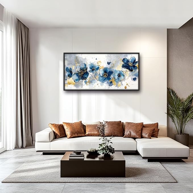 Extra Large Framed Abstract Blue Flower Wall Art,Oversized Golden Grey Floral Wall Decor Pictures for Living Room,Canvas Print Painting Modern Artwork Bedroom Office Bathroom Home Decor 60L" x 30W"-PawvioPets