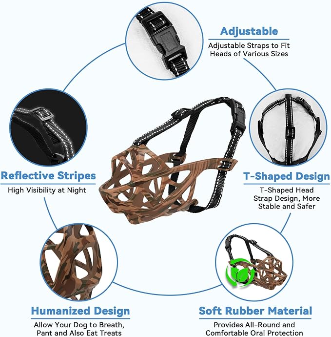 Dog Muzzle for Large Dogs, Breathable Basket Muzzles for Small, Medium and X-Large Aggressive Dog, Allows Panting Drinking, Suitable for Grooming Trimming Training (Camouflage Brown, M)-PawvioPets