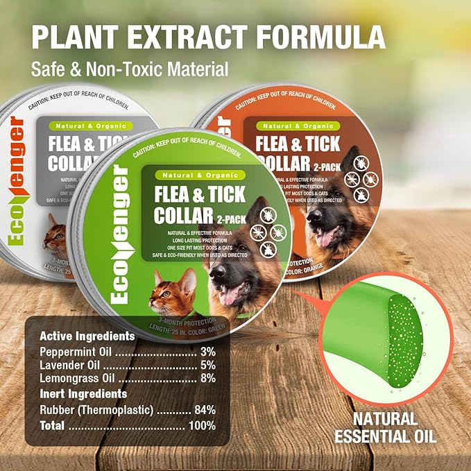 EcoVenger Flea & Tick Collar Repellent 2-Pack Green, Fits Both Dogs & Cats, Built-in Pant-Based Formula Strong Repellency Slow Release, Lasting Deterrence and Protection, Pleasant Aroma, Waterproof-PawvioPets