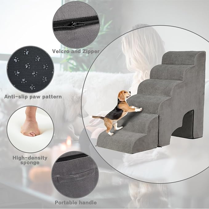 Dog Stairs for High Beds 25-30 inches Tall, 6-Step Dog Steps for High Bed for Doggies/Kitties, 30D Foam Pet Stairs Steps for Small Dogs, Dog Ramp/Ladder for Old Dogs/Cats, Grey-PawvioPets