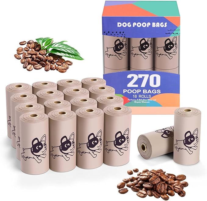 Coffee Dog Poo Bags Coffee scent - 270 Large Biodegradable Poop Bags, Extra Thicken Strong Corn Starch Blended Compostable Leak Proof Poop Waste Bag for Dogs-PawvioPets