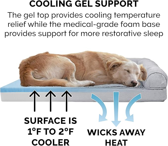 Furhaven Cooling Gel Dog Bed for Large Dogs w/ Removable Bolsters & Washable Cover, For Dogs Up to 125 lbs - Plush & Suede Sofa - Gray, Jumbo Plus/XXL-PawvioPets