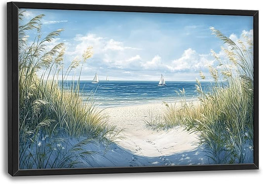 Framed Large Beach Wall Art for Living Room, Oversized Coastal Nautical Wall Decor Sailboat Canvas Seaside Pictures Modern Artwork Home Decoration for Living Room Bedroom Office 36"x24"-PawvioPets