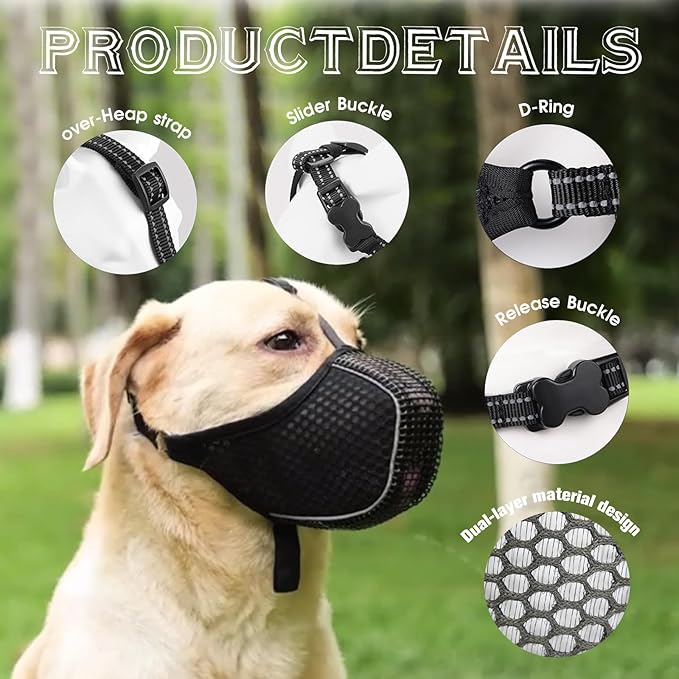 Dog Muzzle, Mesh Soft Muzzle for Small Medium Large Sized Dogs, Breathable Adjustable Puppy Muzzles for Scavenging Biting Licking and Chewing, Allows Panting and Drinking (Reflective Mesh, S)-PawvioPets