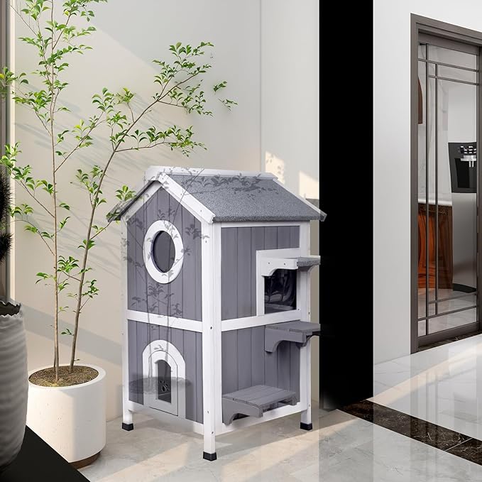 GEGURI Outdoor Cat House Weatherproof, Wooden Two-Story Feral Cat Shelter with Openable Roof, Escape Door, Balcony-PawvioPets