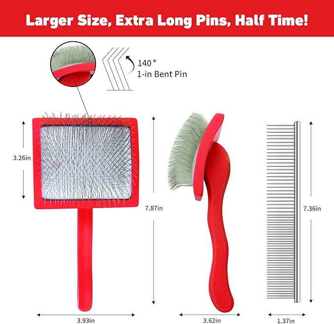 Dog Slicker Brush for Shedding and Grooming Medium or Long Haired Cats, Extra Long & Soft Pin Slicker Brush for Removes Loose Hair, Tangles, Knots, Undercoat, Free Pet Comb, Large Red-PawvioPets