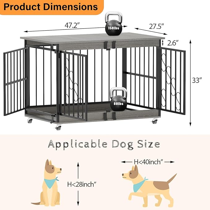 COZPAW Dog Crate Furniture, 48 Inch Dog Crates for Medium/Large Dogs, Farmhouse Wood Dog Kennel Indoor Heavy Duty Dog Cage with Caster Wheels (Gray)-PawvioPets