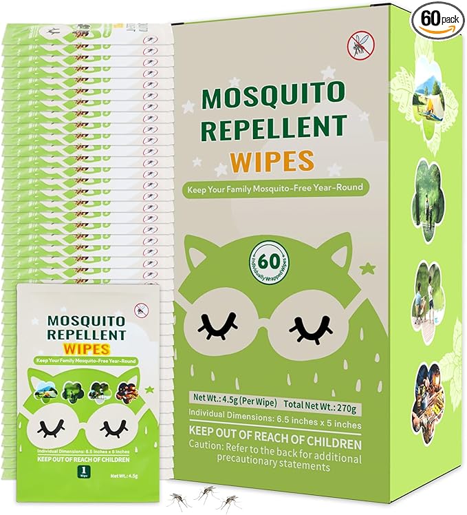 60 PCS Mosquito Repellent Wipes, Individually Wrapped Insect Repellent Wipes Made of Natural Plant-Based Essential Oils, Safe & Effective Insect Protection Perfect for Outdoor Activities, Long-Lasting-PawvioPets