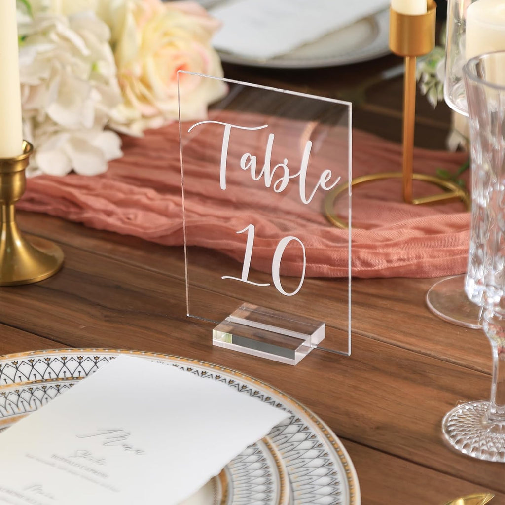 UNIQOOO Acrylic Wedding Table Number 1-30 with Stands | 4x6 inch Printed Calligraphy, Sign and Holder | Perfect for Wedding, Reception, Centerpiece Decoration, Event, Party