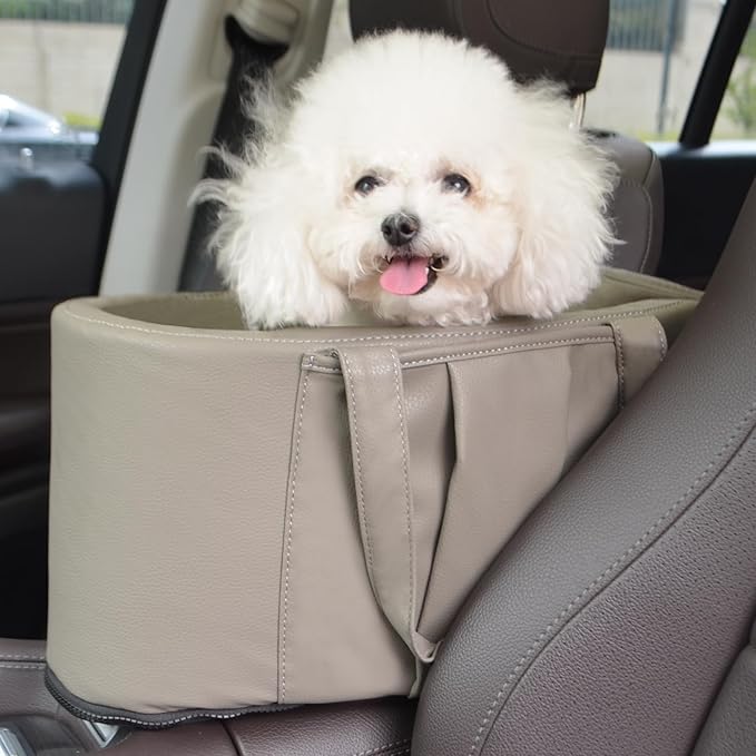 2 and 1 Center Console Dog Car Seat & Carrier for Small Dogs, Large Leather Dog Car Bed with Storage Pocket, Waterproof PVC Leather Seat Travel Bed for Front & Back Seat, Clip-On Safety Leash-PawvioPets