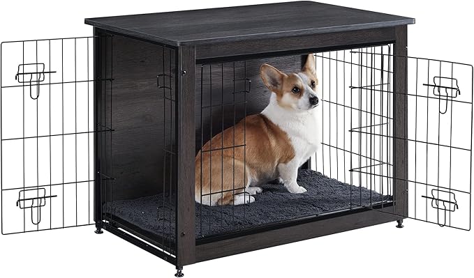 DWANTON Dog Crate Furniture with Cushion, Wooden Kennel Table with Double Doors, Indoor Dog House, Medium Size, 32.5" L, Dark Gray-PawvioPets