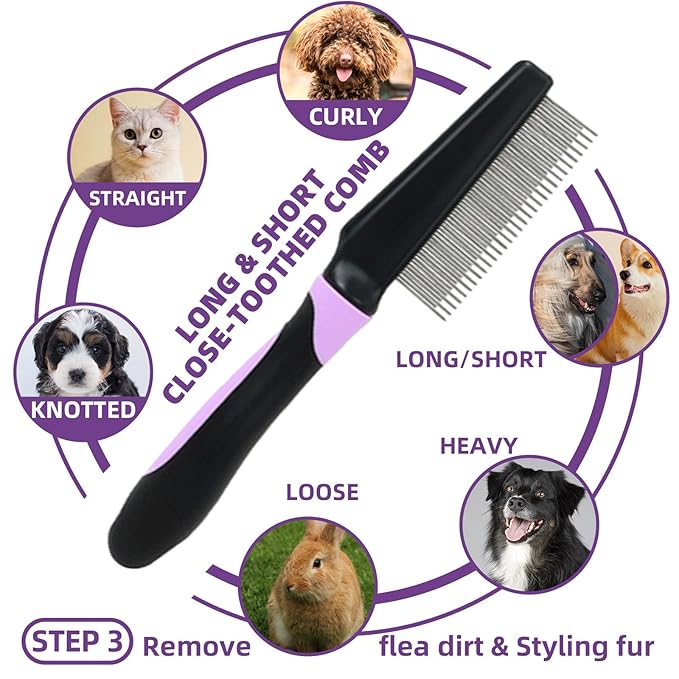 Dog Brush for Shedding, 7 PCS Dog Grooming Brush Kit Including Undercoat Rake, Slicker Brush, Dematting Comb, Nail Clipper, Bath Brush for Long & Short Haired Dogs, Cats - Purple-PawvioPets