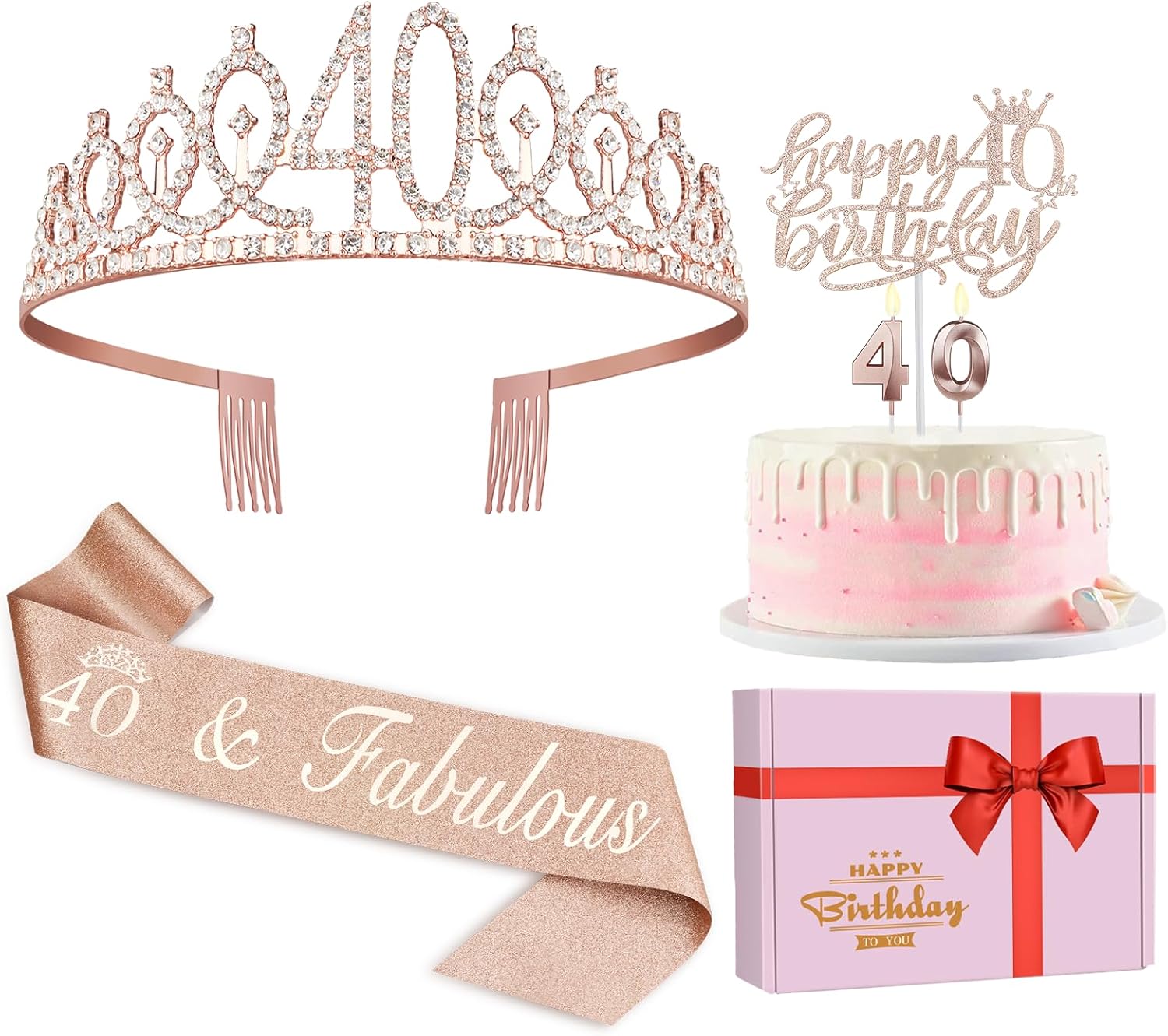 40th Birthday Decorations for Women, Including Crown/Tiara, Sash, Cake Topper and Candles, 40th Birthday Gifts Women