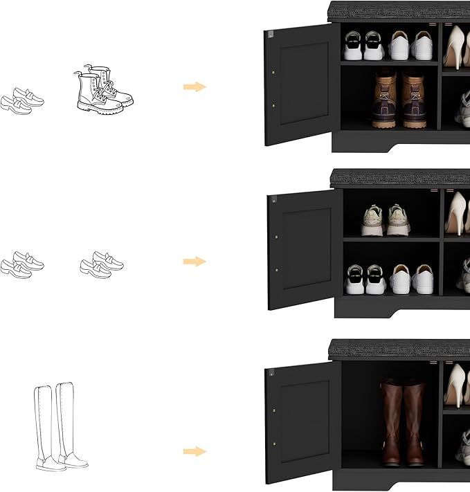 2-Tier Storage Bench, Shoe Bench with Padded Seat Cushion, Entryway Bench with 2 Barn Doors, Adjustable Shelf, 13.8" D x 27.6" W x 17.7" H, for Entryway, Living Room, Bedroom, Black-PawvioPets