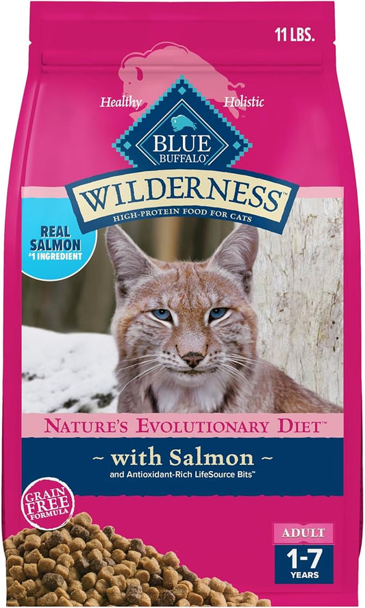 Blue Buffalo Wilderness Natural High Protein, Grain Free Dry Food for Adult Cats, Salmon, 11-lb Bag-PawvioPets