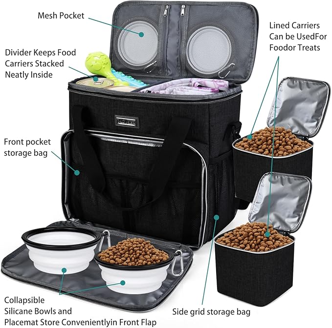BAGLHER Dog Travel Bag, Pet Travel Bag (All Pet Travel Supplies), with 2 Pet Food Containers and 2 Collapsible Silicone Bowls; Essential Kits for Pet Travel Black-PawvioPets