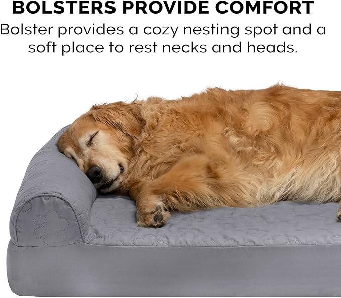 Furhaven Cooling Gel Dog Bed for Large/Medium Dogs w/ Removable Bolsters & Washable Cover, For Dogs Up to 55 lbs - Pinsonic Quilted Paw L Shaped Chaise - Titanium, Large-PawvioPets