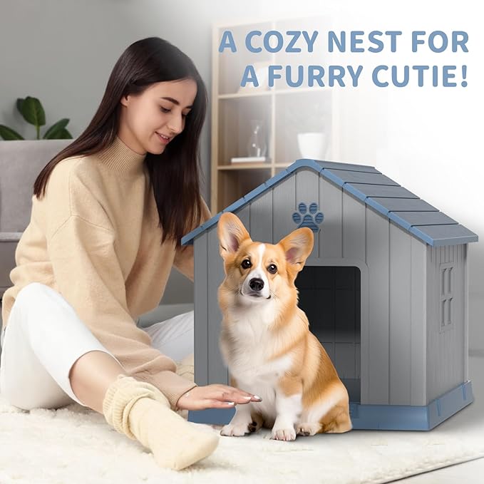 DRATO Dog House Indoor Outdoor for Small to Large Sized Dogs Indoor Outdoor Doghouse Puppy Shelter with Elevated Floor, Easy to Assemble (Blue, 31Inch(31.18 * 33.7 * 32.52))-PawvioPets