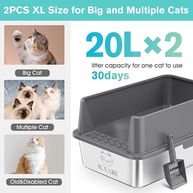2PACK Stainless Steel Cat Litter Box with High Sides Lid, Extra Large XL Litter Box for Big Cats, Metal Kitty Litter Boxes with Anti-Leakage Enclosure,Non-Stick,Odorless,Scoop Included-PawvioPets