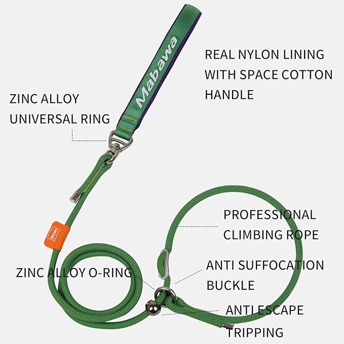 Dog Anti-Slip Leash 5FT with Metal Stopper - Durable No-Pull Training Lead for Small, Medium & Large Dogs - Comfortable Handle Nylon Rope, Tangle-Free Pet Walking Leash (Green, 5.6FT)-PawvioPets