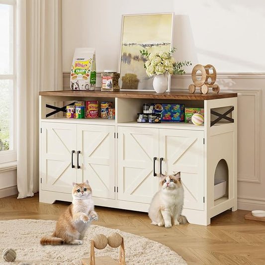 Cat Litter Box Enclosure for 2 Cats, 47" Hidden Litter Box Furniture Cat Washroom with Double Large Room, Farmhouse Indoor Litter Box Cabinet TV Stand, White-PawvioPets