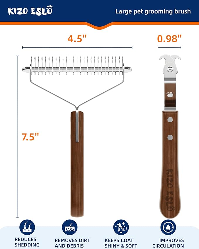 Extra Large 2-Sided Undercoat Rake for Dogs & Cats, Dog Brush for Shedding Remove Mats, Dematting Comb, Safe & Gentle Grooming Brush for German Shepherds Medium to Long-Haired Pets (Walnut Handle)-PawvioPets