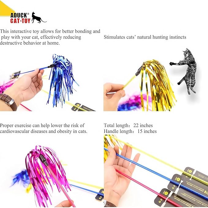 ADUCK Interactive Cat Teaser Wand Toy with Tassels - Durable Cat Chaser for Indoor Kitten Exercise, Boredom Relief & Training Play - Assorted Color, 1 Pack-PawvioPets