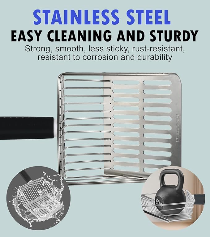 2PCS Cat Litter Scoop, Solid and Durable Kitty Metal Scooper, Stainless Steel Sifter, Heavy Duty, for Litter Box, Black Rubber Handle, Included Stainless Steel Hook-PawvioPets