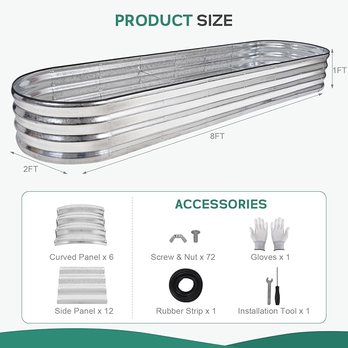 Galvanized Raised Garden Bed - 8×2×1ft Planter Raised Beds for Gardening | Oval Metal Garden Planter Box with Safety Edging and Bracing Rods for Vegetables Fruits and Flowers - Silver-PawvioPets