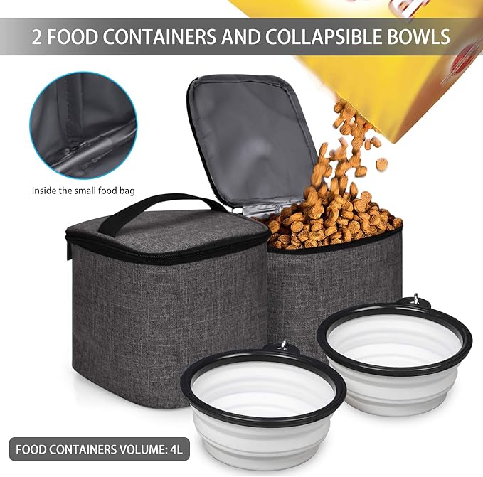 BAGLHER Pet Travel Bag, Double-Layer Pet Supplies Backpack (for All Pet Travel Supplies), Pet Travel Backpack with 2 Silicone Collapsible Bowls and 2 Food Baskets Grey-PawvioPets