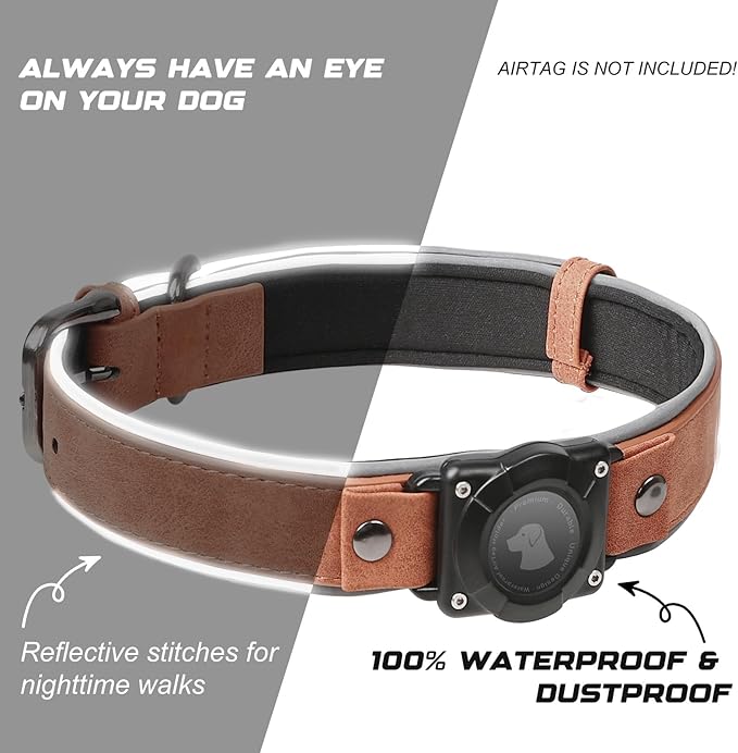 AirTag Dog Collar - Leather Dog Collar with Air Tag Holder | IPX8 Waterproof, Reflective, High - End, Adjustable Soft Padded | Dog GPS Tracker Collars Fit for Medium Large Dogs (Mahogany Brown, XL)-PawvioPets