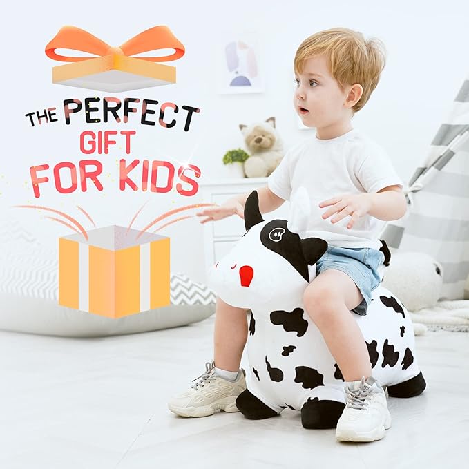 EVERICH TOY Bouncy Horse Cow Toys, Inflatable Bouncing Animal Hopping Toys, Outdoor Indoor Ride on Bouncer, Boys Girls Birthday Gift for 18 Month 2 3 4 5 6 Year Old Kid- Plush Cow Toy-PawvioPets