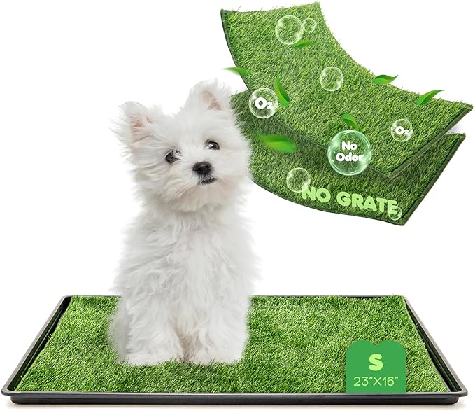 Dog Grass Pad with Tray, 23×16in Small Litter Box, 2×Grass Pad for Dogs Potty Washable, Thick Soft Odor-Free Hemmed Dog Pee Grass, Indoor Puppy Potty Training Balcony (Without Grid)-PawvioPets