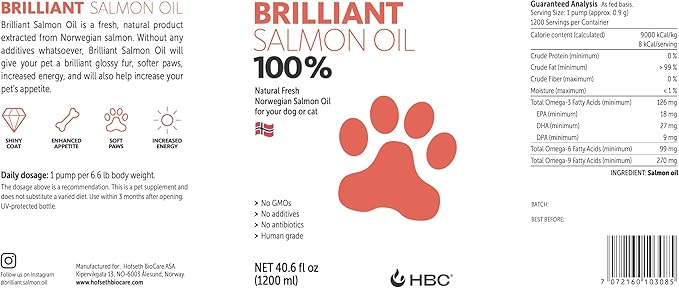 Brilliant Omega 3 Salmon Oil for Dogs & Cats - Norwegian Fish Oil Supplement with EPA & DHA Fatty Acids for Shedding, Allergy, Itching, Dry Skin & Joint Health - Skin and Coat Fish Oil Liquid, 40 Oz-PawvioPets